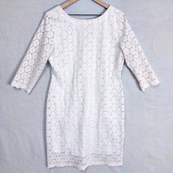 Ronni Nicole Lace Eyelet Sheer Dot Sleeves Scallop Dress Medium - Picture 1 of 7